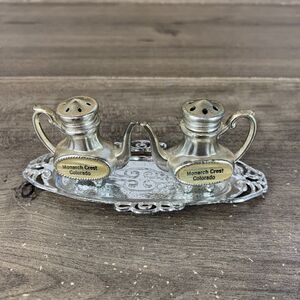 Vintage Salt & Pepper Shaker Metal Silver Coffee Tea Pot with Tray 1.5" - 3PCS